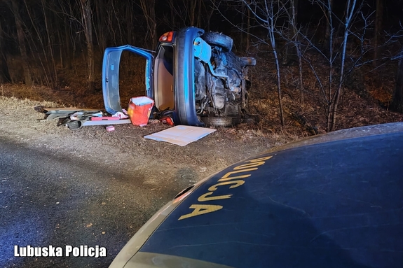 samochód wywrócony na poboczu