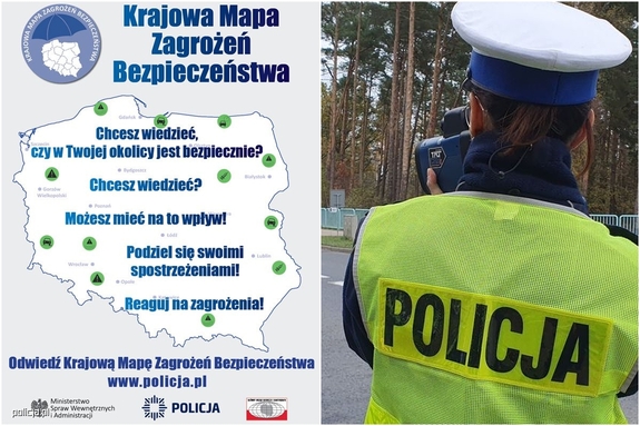 plakat i policjantka kontrolująca prędkość