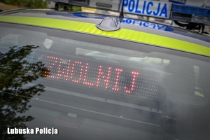 Napis zwolnij na szybie tylnej policyjnego radiowozu.
